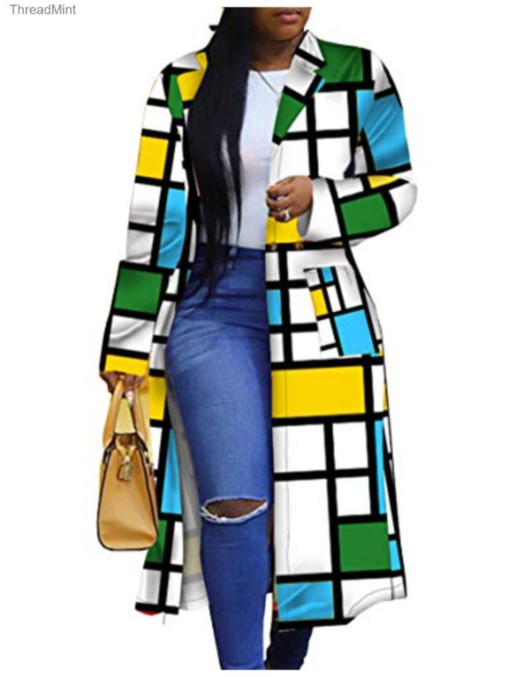 Women's Geometric Print Double Breasted Long Trench Coat Cotton Spandex